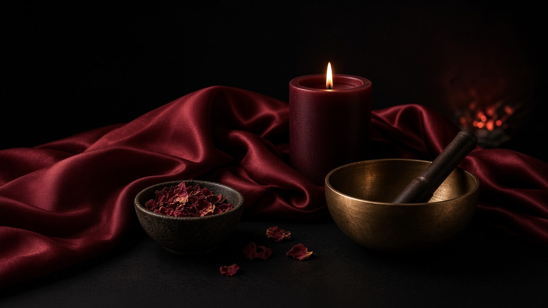 Burgundy silk, a lit candle, dried rose petals, and a brass singing bowl.